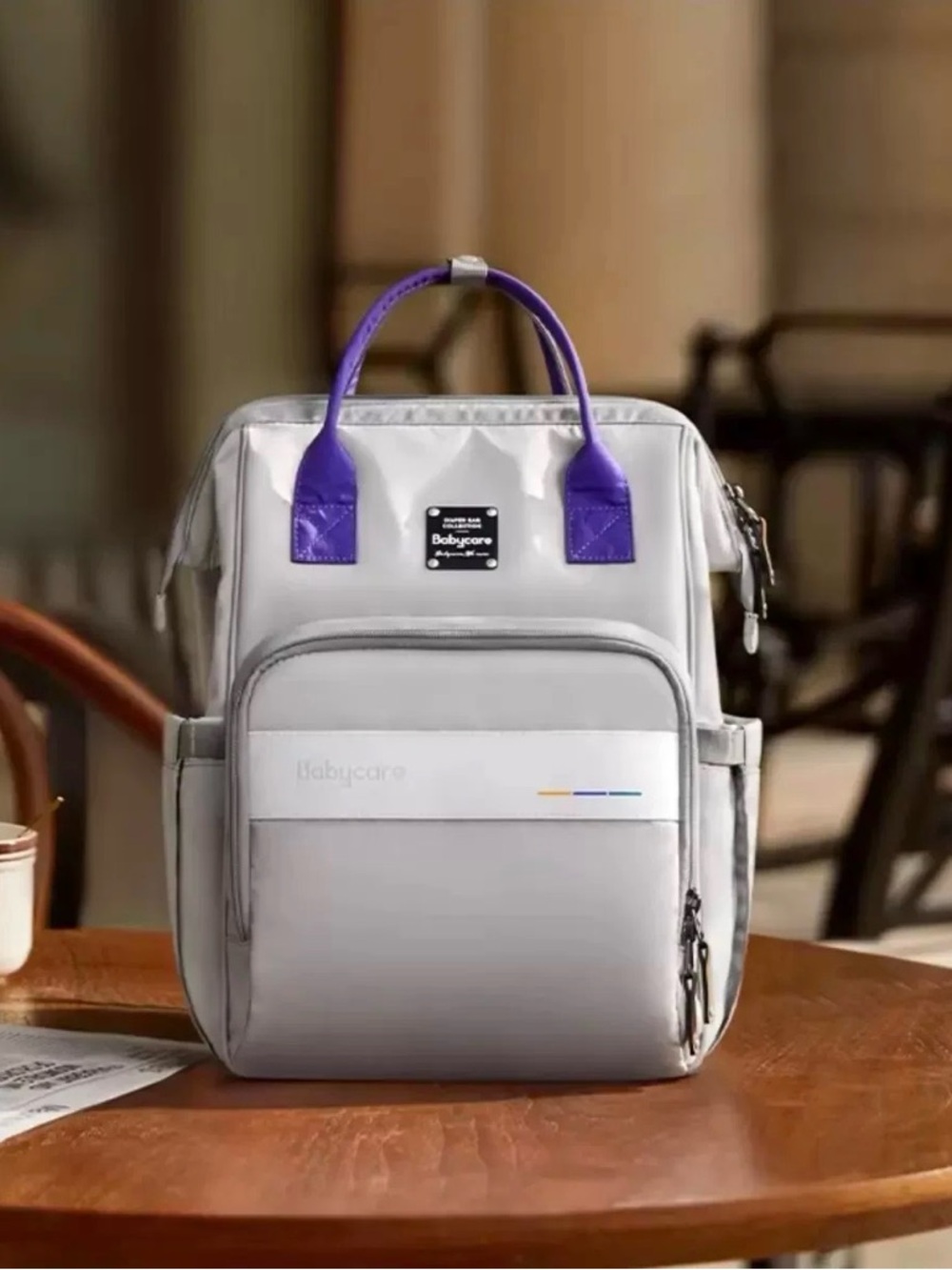 Babycare Backpack Diaper Bag - Light Gray with Purple Handles